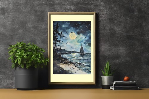 Radiant Moonlit Coast 5"x7" Print on Matte Paper | Peaceful Evening Painting - Picture 8 of 18