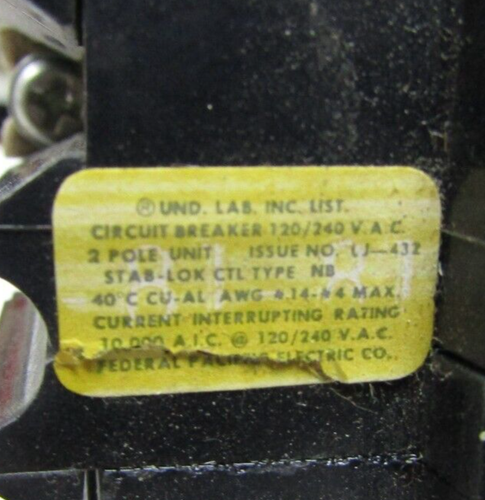 ✌️FEDERAL PACIFIC FPE NB220 NB2P20 20 AMP 2 POL 240V BOLZEN IM BREAKER - Bild 4 von 5
