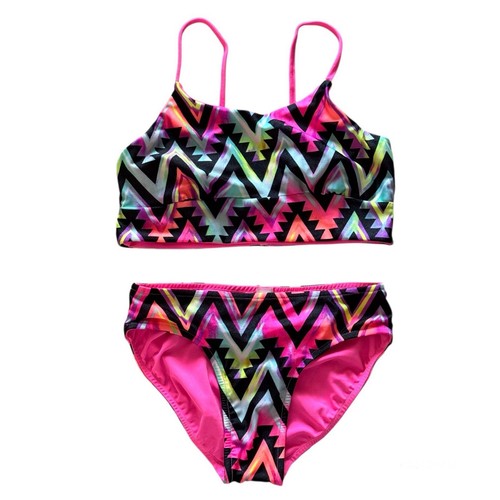 Justice Girls Size 12 Reversible 2 Piece Bikini Swim Hot Pink Neon Ombre UPF 50+ - Picture 2 of 10