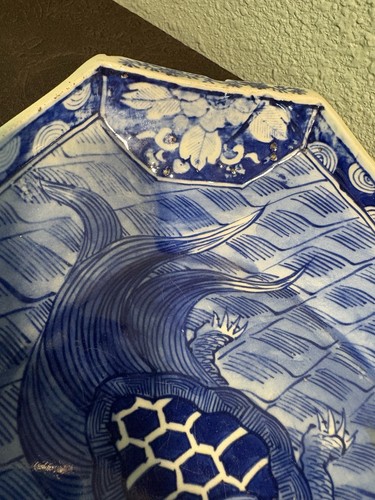 Antique Japanese Repaired Plate Warmer Boat Shape, Blue And White Ceramic Tray - Picture 9 of 24