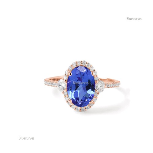Oval Cut Tanzanite & Pave Diamond Halo Wedding Ring In14k Rose Gold Fine Jewelry - Picture 7 of 8