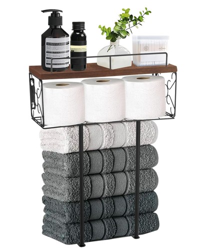Towel Racks for Bathroom,Wall Mount Towel Holder with Natural Wood Shelf, Flo...