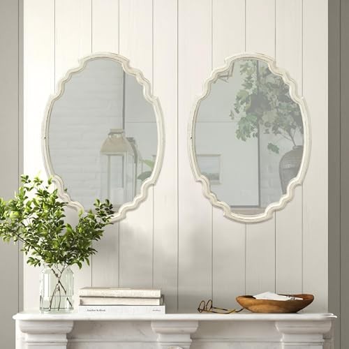 Vintage Sculpted Oval Mirrors for Wall Decor 23 inch, Distressed White Ornate - Picture 5 of 7