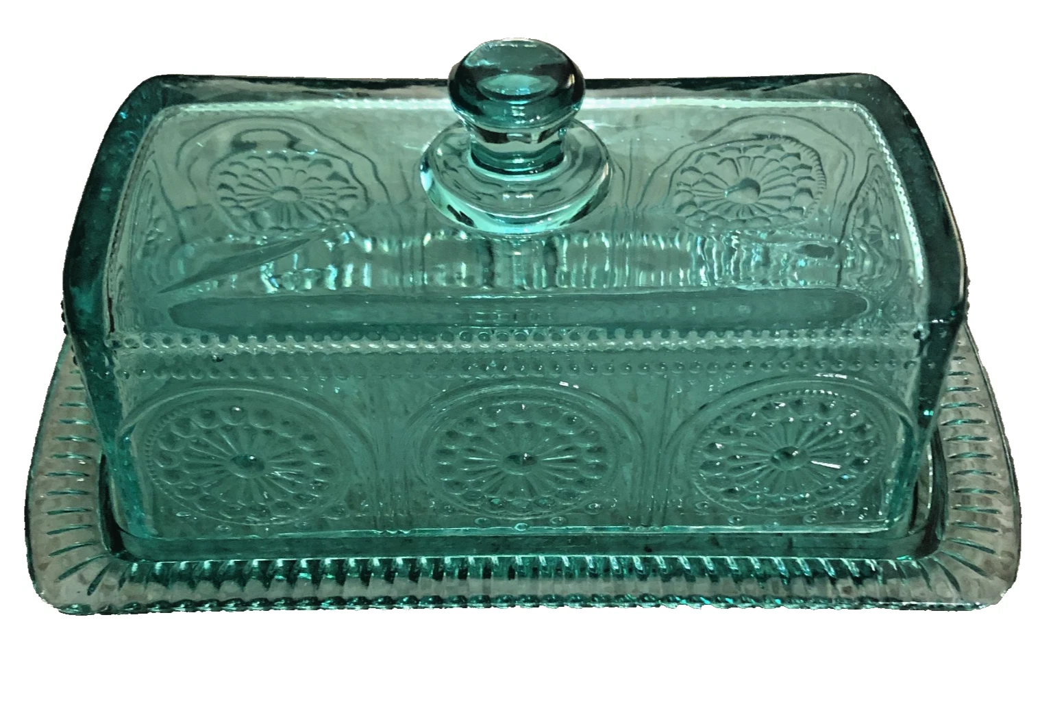 PIONEER WOMAN ADELINE TEAL EMBOSSED GLASS COVERED BUTTER DISH