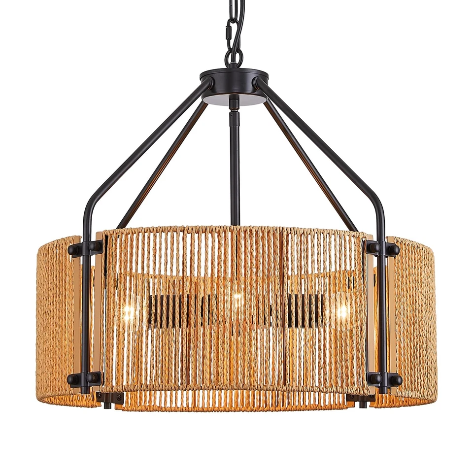 Lámpara de araña de ratán de 18,1", 4 luces grande negra colgante tejido de mimbre... Foto 2 de 4