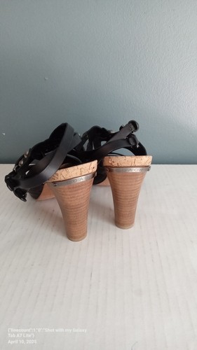 Coach Black Leather Woven Strappy Cork Heel Sandals Buckle Detail - Picture 5 of 7