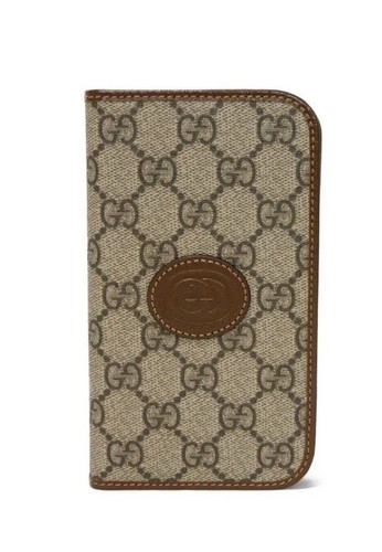 NWB NEW GUCCI GG PRINT BROWN IPHONE CASE 14 Plus With Wallet GG Print - Picture 2 of 13