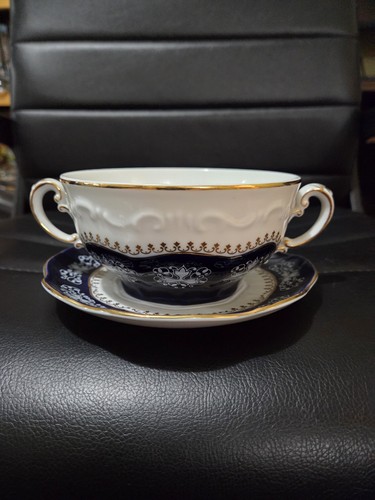 Zsolnay Porzellan Kaffeetasse + Untertasse Pompaour Kobalt Hungary 2 Handle Bowl - Picture 1 of 11