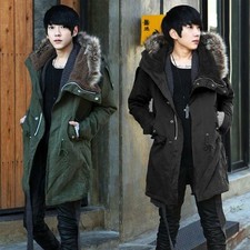 Men's Fur Collar Hooded Winter Thicken Slim Fit Trench Long Coat Jacket Parka