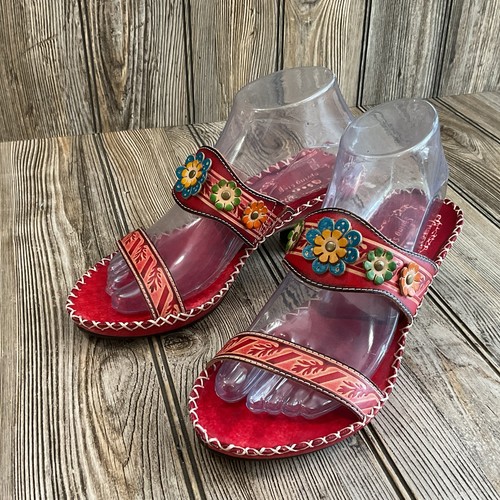 Spring Step Womens Tango Sandals Leather Size 37 US 6.5 /7 Red Floral Two Strap - Picture 5 of 15