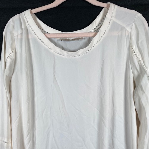 Ann Taylor Loft Womens Blouse Beige Round Neck Balloon Sleeve Sheer Stretch XL - Picture 2 of 13