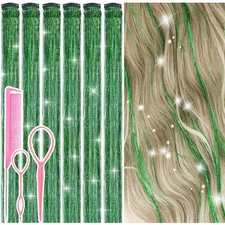 Hair Tinsel Clip in Green Fairy Hair Tinsel Kit, 12 Pcs 24 Inch Glitter Clip in 