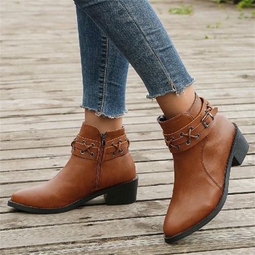 Damen Stiefeletten Blockabsatz seitlicher Reißverschluss Schnalle Gürtel Deko Herbst Winter Schuhe - Bild 5 von 7