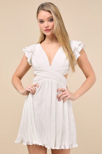 NTW Lulus Captivating Delight White Plisse Satin Lace-up Mini Dress - Size XS
