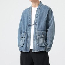 Fashion Men Denim Jacket Cotton Kimono PocketCardigan Coat Vintage Loose Outwear