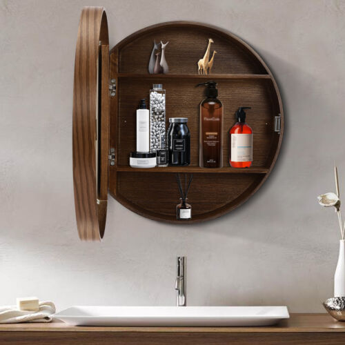 Armadio specchio bagno medicina rotondo cornice legno noce parete 20"x20" - Foto 3 di 16
