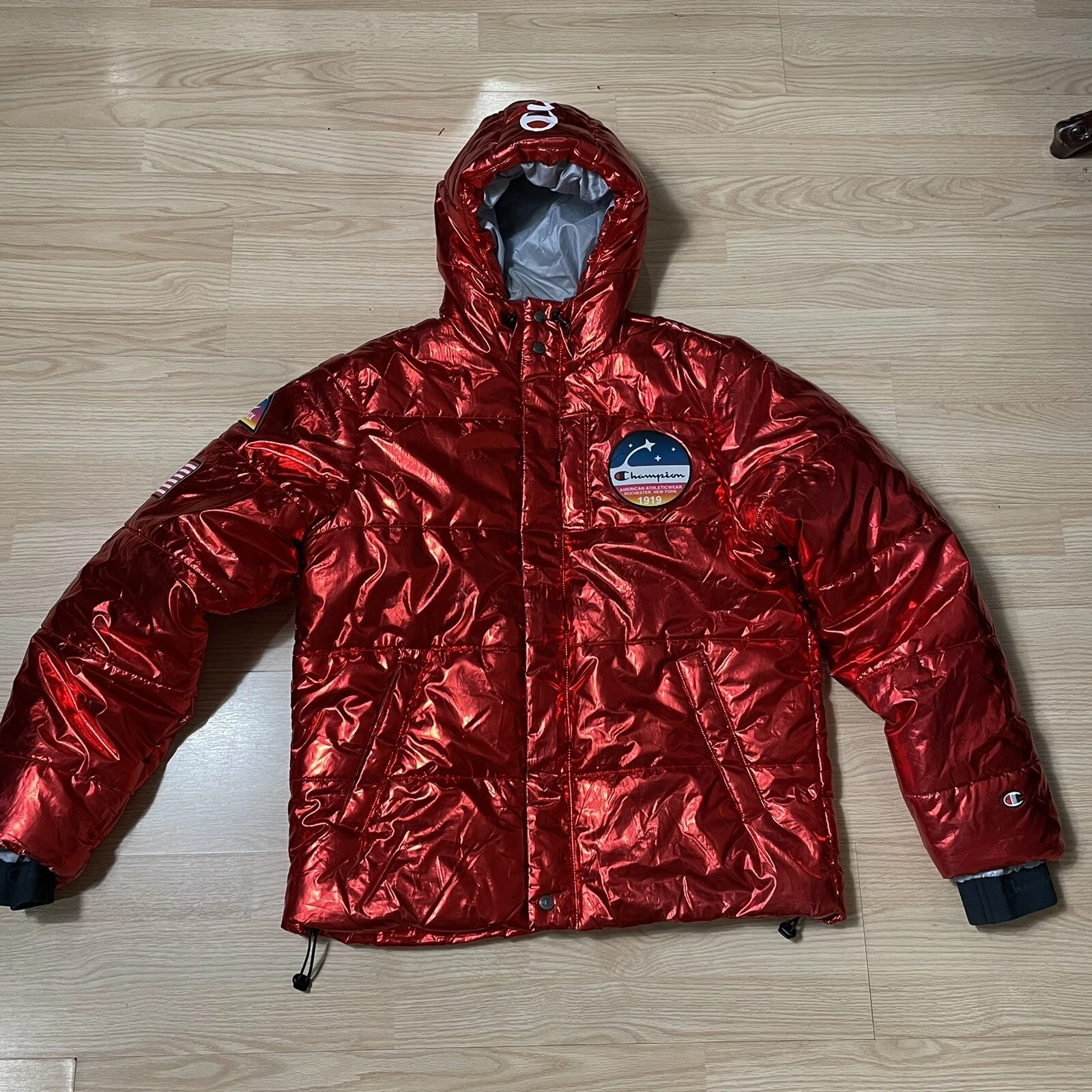 Champion Mens NASA USA Metallic Red Puffer Jacket Size MEDIUM