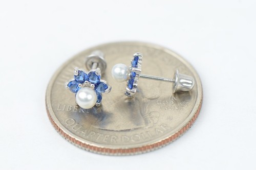 14k White Gold Flower CZ Stud Earrings White Pearl with Screw Back - Picture 10 of 12
