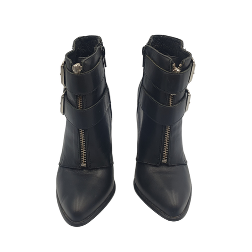 Windsor Smith Size 36 Black Leather Zip Double Buckle Point Toe Block Heel Boots - Picture 2 of 11
