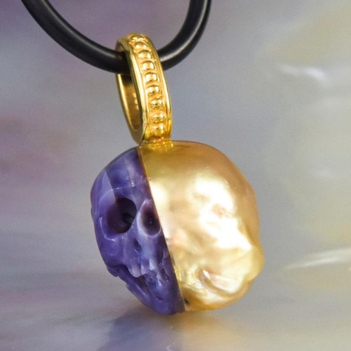 Skull IN Süd See Perle Anhänger Geschnitzter Lila Muschel Vermeil Sterling 4.24g - Bild 3 von 14