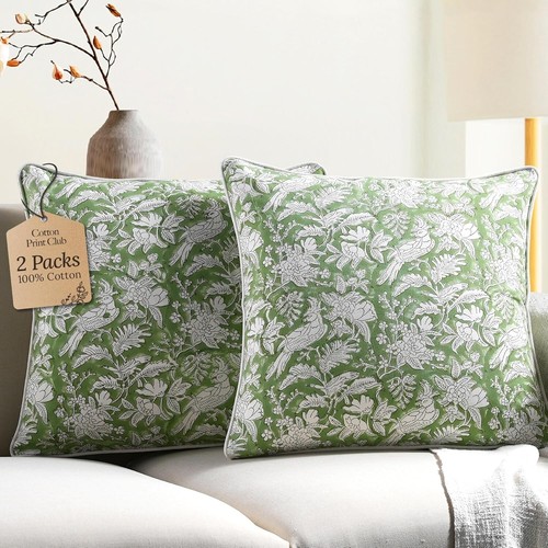 Boho-Chic 100% Cotton Throw Pillow Covers 20x20 Inch - Set of 2 Olive Green - Picture 3 of 11