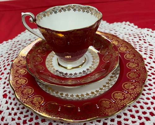 Royal Standard- Bone China England Red Gold Gilt Tea Cup, Saucer & Dessert Plate