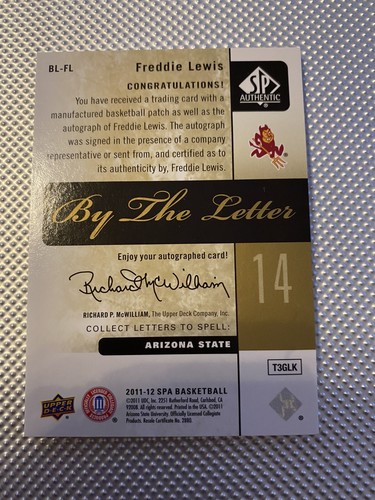 2011-12 SP Authentic by the letter Freddie Lewis 50/50 Patch/Auto ARIZONA STATE - Bild 2 von 2