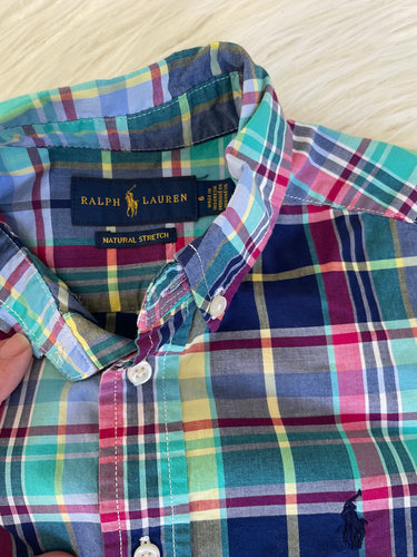 Ralph Lauren Boys Size 6 Natural Stretch Blue/Green Plaid Oxford Button Down - Picture 2 of 5
