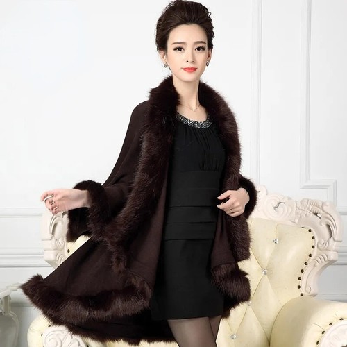 Lady Knit Poncho Cape Faux Fur Collar Wrap Shawl Warm Cloak Cardigan Sweater Top - Picture 18 of 22