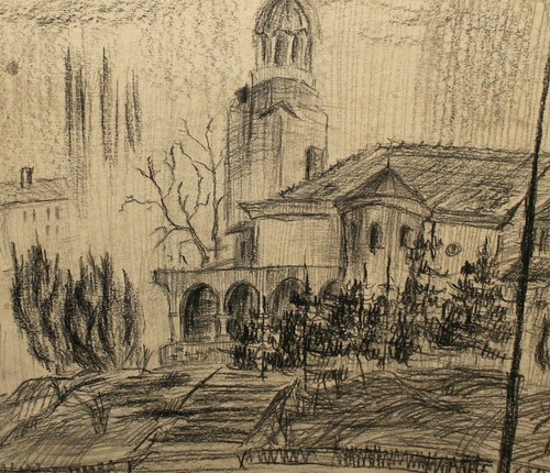 Antique expressionist landscape of church / chapel pencil painting - Picture 6 of 12