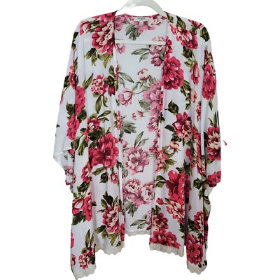 Umgee Floral Open Front Kimono Cardigan Crocheted Trim