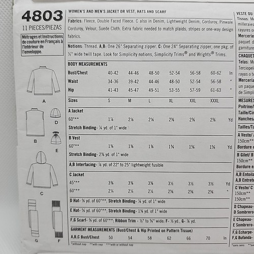 Simplicity 4803 Unisex Coat Jacket Vest Hat Scarf Sewing Pattern Size S-L Uncut - Picture 6 of 6