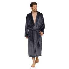 Mens Plush Fleece Robe Shawl Collar Bathrobe w/Two Large Pockets L/XL Grey