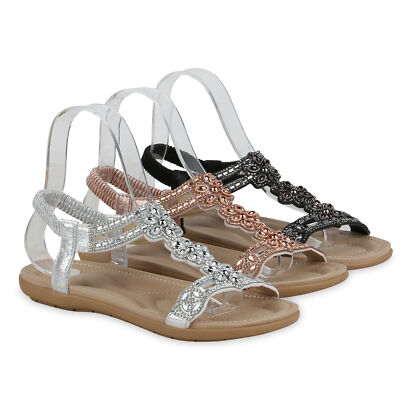 Damen Sandalen Riemchensandalen Strass Blumen Cut-Outs Sommer 834557 Schuhe