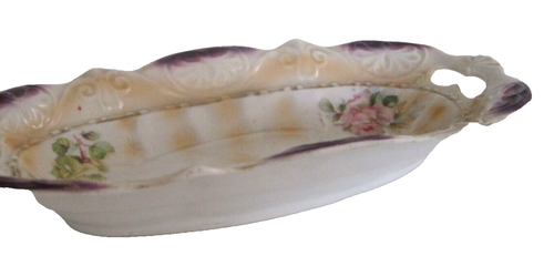 Antikes europäisches Schmuckstück Eitelkeit rosa Rosen goldfarbene Borte ovale Griffe Porzellanschale - Bild 4 von 6