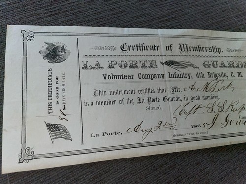 California La Porte Guards Certificate Of Membership 1865 , Civil War Document - Picture 3 of 7
