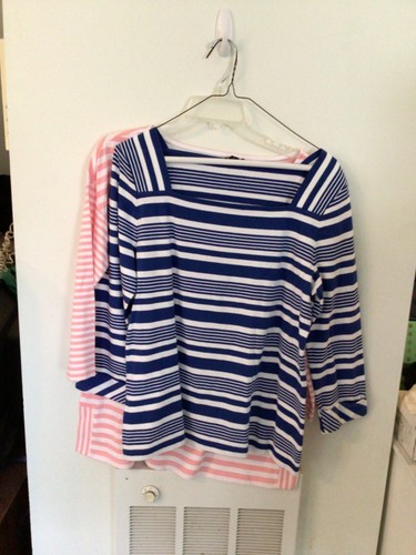 Women's Talbots Striped Cotton 3/4 Sleeve Tees(2) SZ M blue white pink