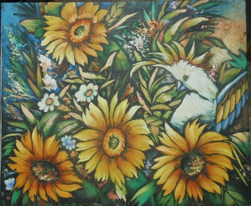 Expressionist Oil Painting Sunflowers Cockatoo Bird on Canvas D Marie? - Picture 7 of 12