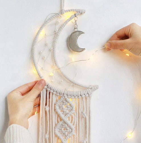 Macrame Woven Wall Hanging Crochet Crescent Moon Dream Catcher Lights included - Picture 3 of 5