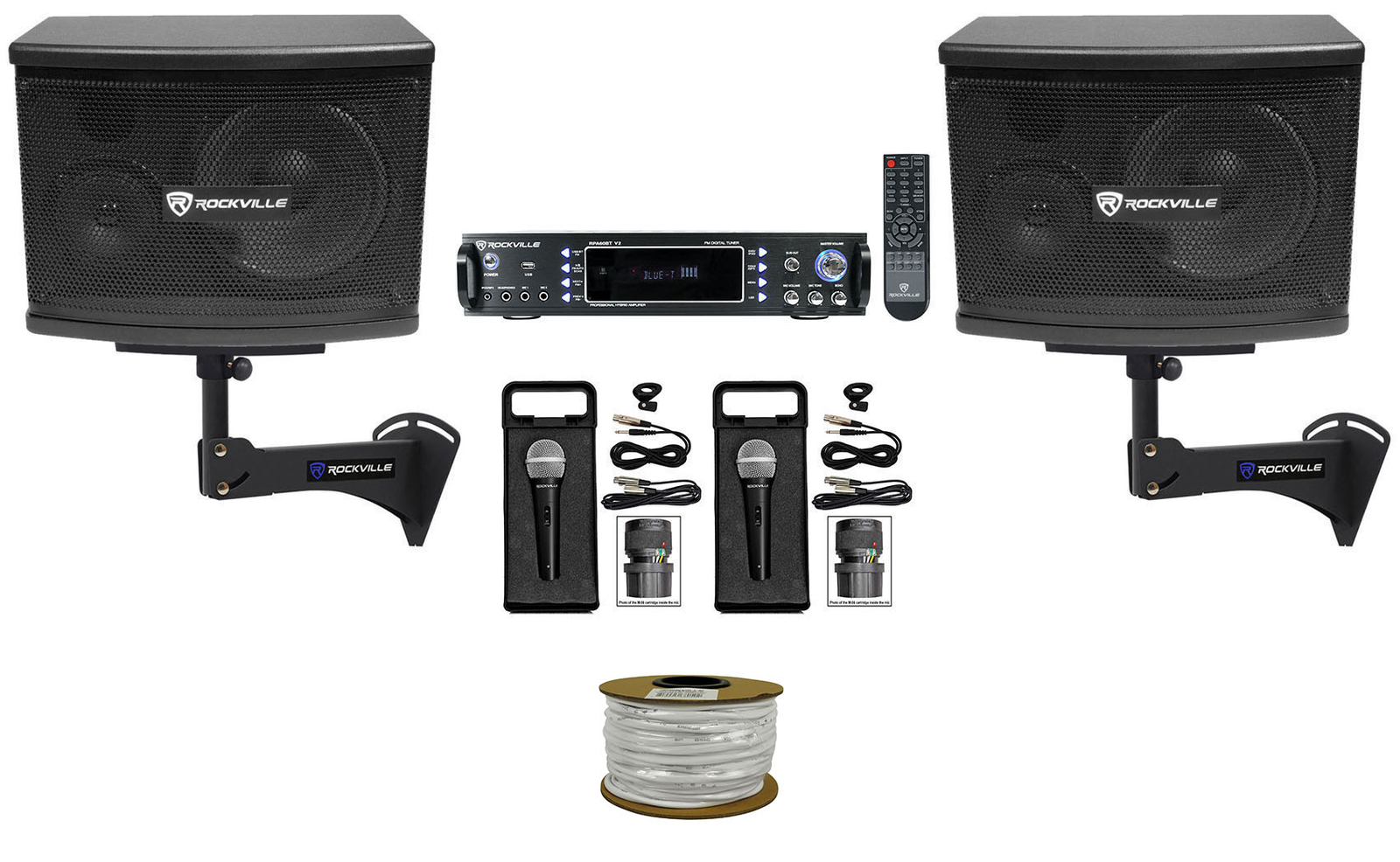 (2) Караоке-колонки Rockville KPS65 6.5+ Усилитель Bluetooth + Настенные кронштейны + Микрофоны