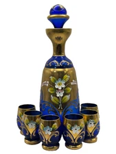 Vintage Venetian Glass Decanter Cordial Liqueur Set Cobalt Blue Liquor Cocktail
