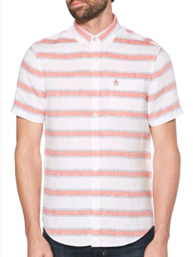 Mens Original Penguin Pure Linen Shirt Short Sleeved White Red Stripes Medium  - Picture 10 of 10