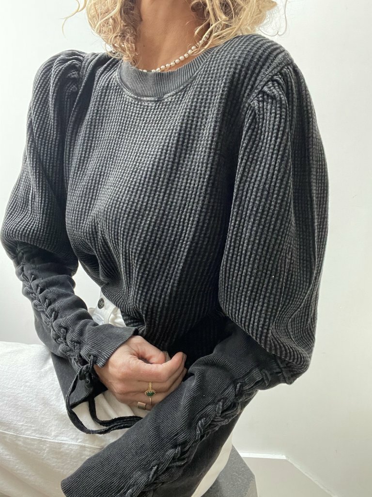   Футболка с рукавами на шнуровке FREE PEOPLE Charcoal Tasha Thermal Waffle Balloon M 8