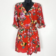 YUMI KIM Orange Floral Liz Roll Sleeve V-neck Romper Women's Sz S