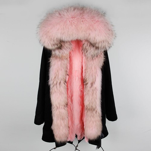 Cappotto Cappuccio Donna Vera Pelliccia di Procione Fodera Coniglio Giacca Lunga Finitura Pelliccia Cappotto - Foto 23 di 41