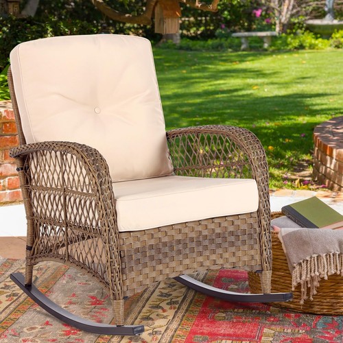 Outdoor Patio Wicker Rocking Chair Rattan Furniture Rocker Chair W/ Cushion - Picture 9 of 75
