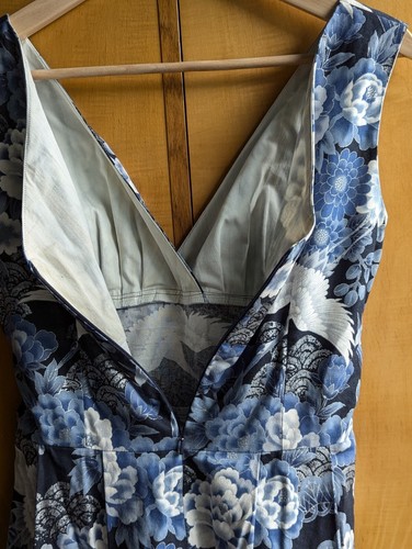 Women's dress, new, white cranes on blue, silver, 52 Greek Street Soho, Size L - Picture 3 of 4