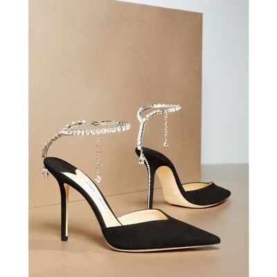 靴 JIMMY CHOO Saeda100 BLACK Saeda 100 | Black Suede Pumps with Crystal Embellishment