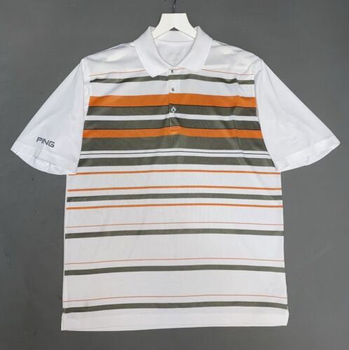Ping Performance Herren Golf Poloshirt, weiß/orange/beige gestreift. UK Größe L