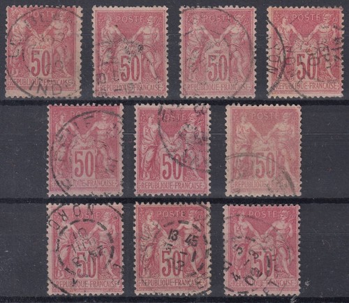 TIMBRE FRANCE JOLI LOT DE 10 SAGE 50c ROSE N/B N° 104 OBLITERES - COTE 450 € - Picture 1 of 2